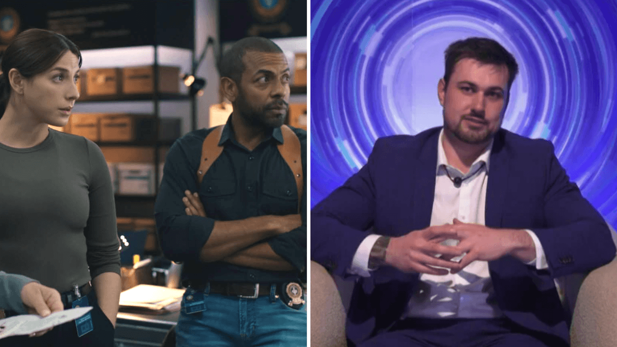 Mylène St-Sauveur et Frédéric Pierre dans Alertes. Droite : Jacob Moisan, la cible dans Big Brother : Le piège.