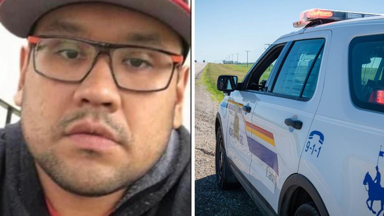 Myles Sanderson. Droite : Voiture de la Gendarmerie royale du Canada.