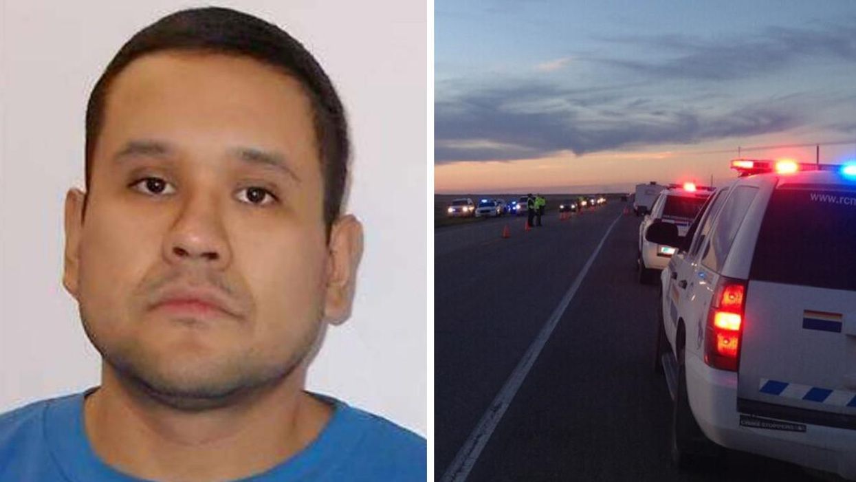 Myles Sanderson. Right: RCMP vehicles along a highway in Saskatchewan.
