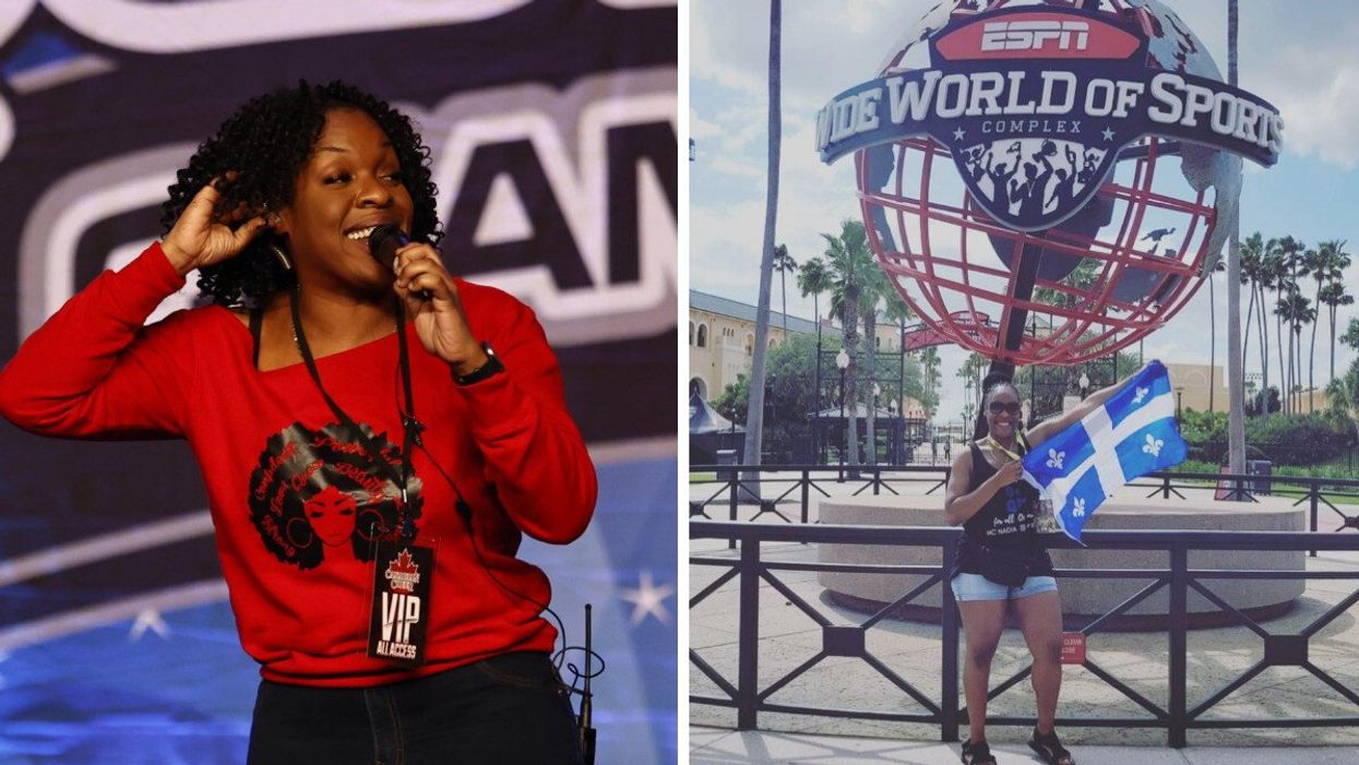 Nadia Belzy qui anime le Quebec Championship. Droite : Nadia Belzy et son drapeau du Québec au Championnats du monde à Orlando.