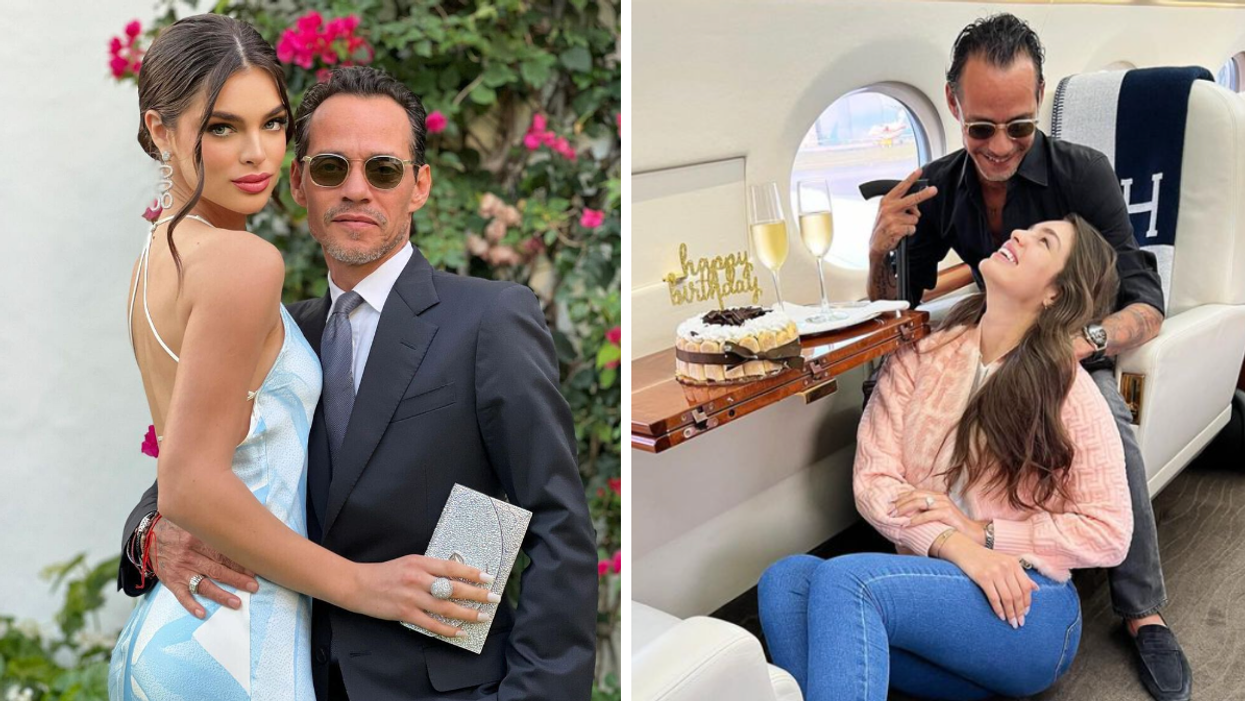 Nadia Ferreira and Marc Anthony all dressed up. Right: Nadia Ferreira and Marc Anthony on a private jet.