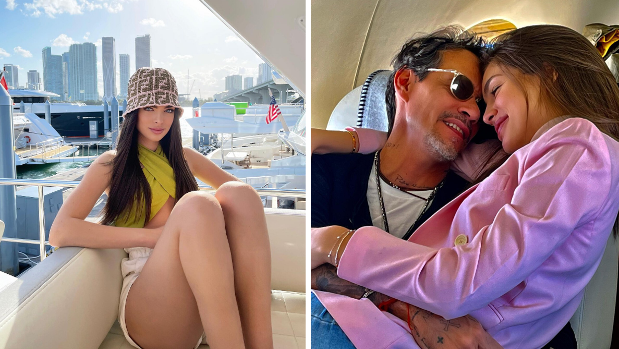 Nadia Ferreira on a yacht in Miami. Right: Marc Anthony and Nadia Ferreira cuddling up on a plane.