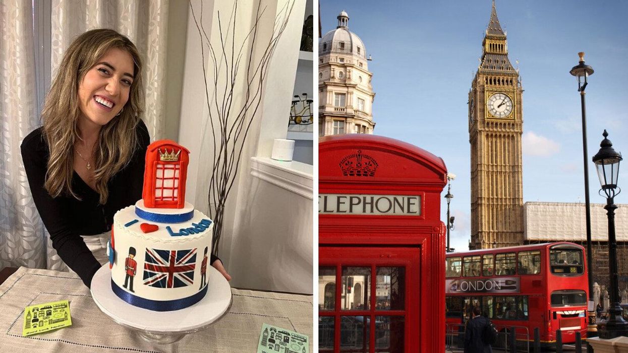 Nadia with a London-themed cake. Right: London Scene with Big Ben.