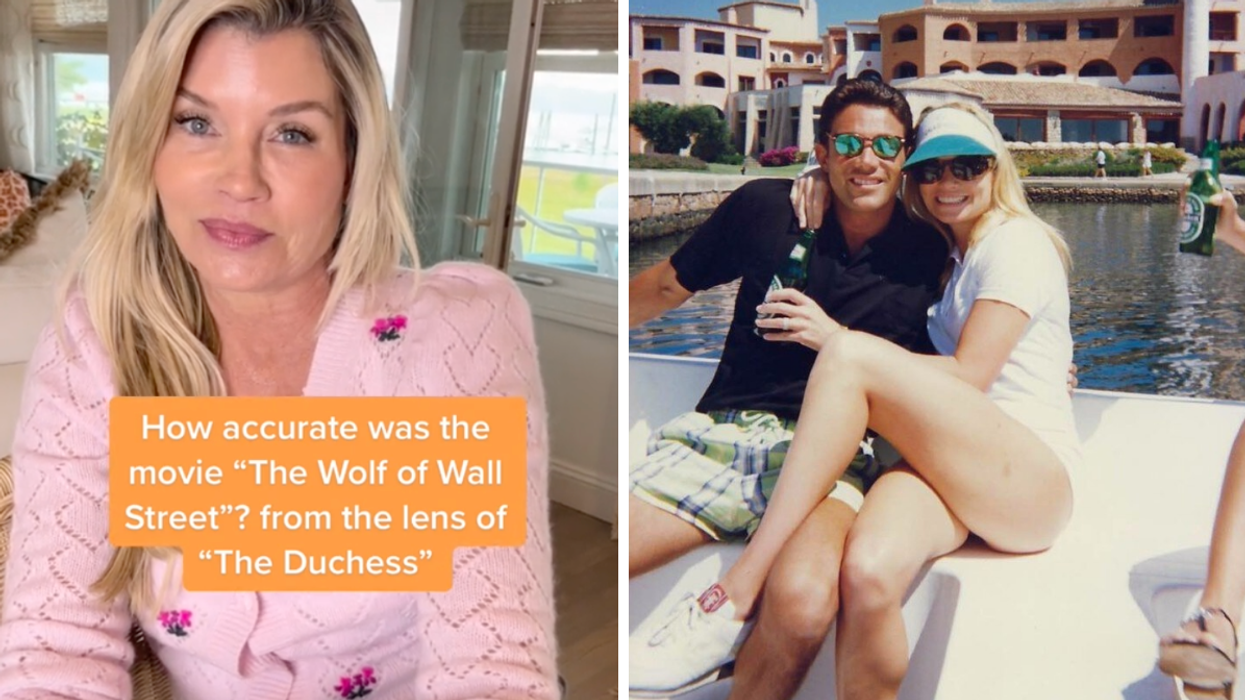 Nadine Caridi on TikTok spilling her side of the story. Right: Jordan Belfort and Nadine Caridi on a boat.