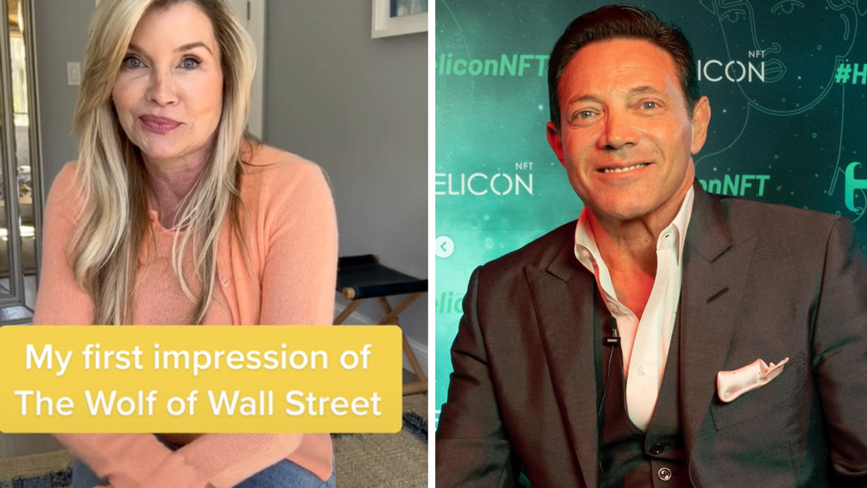 Nadine Caridi sharing her story. Right: Jordan Belfort in a suit.