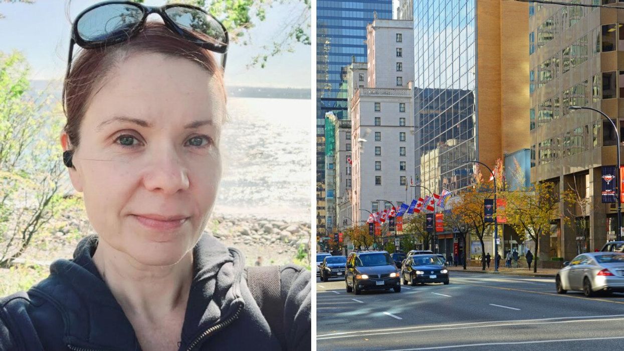Nadya Bondoreff poses for a selfie. Right: Modern Buildings on W Georgia Street at Thurlow Street in Vancouver.