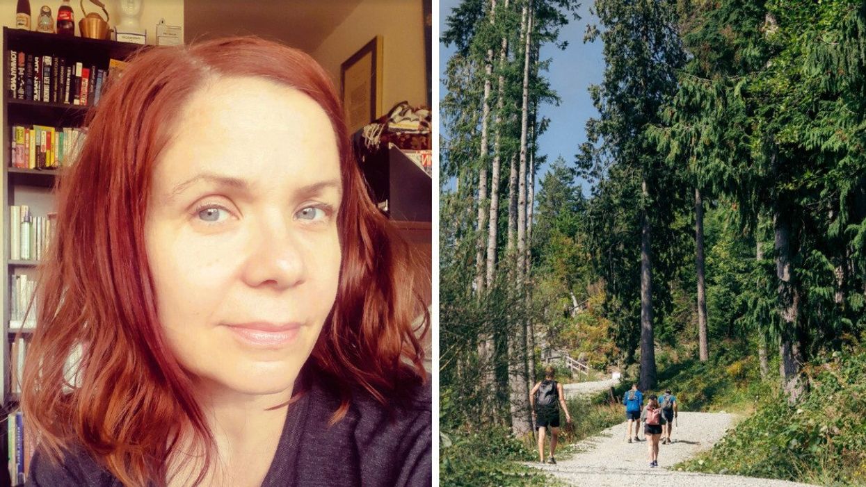 Nadya Bondoreff smiles at the camera for a selfie. Right: Hikers making their way up the Grouse Grind.