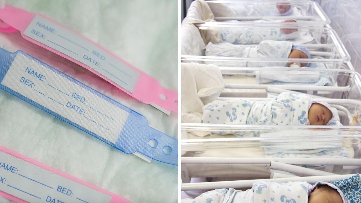 Name tags for newborn babies. Right: A row of newborn babies lie asleep in hospital.