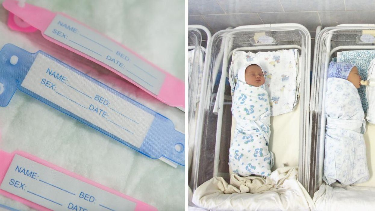 Name tags for newborn babies. Right: A row of newborn babies lie asleep in hospital.