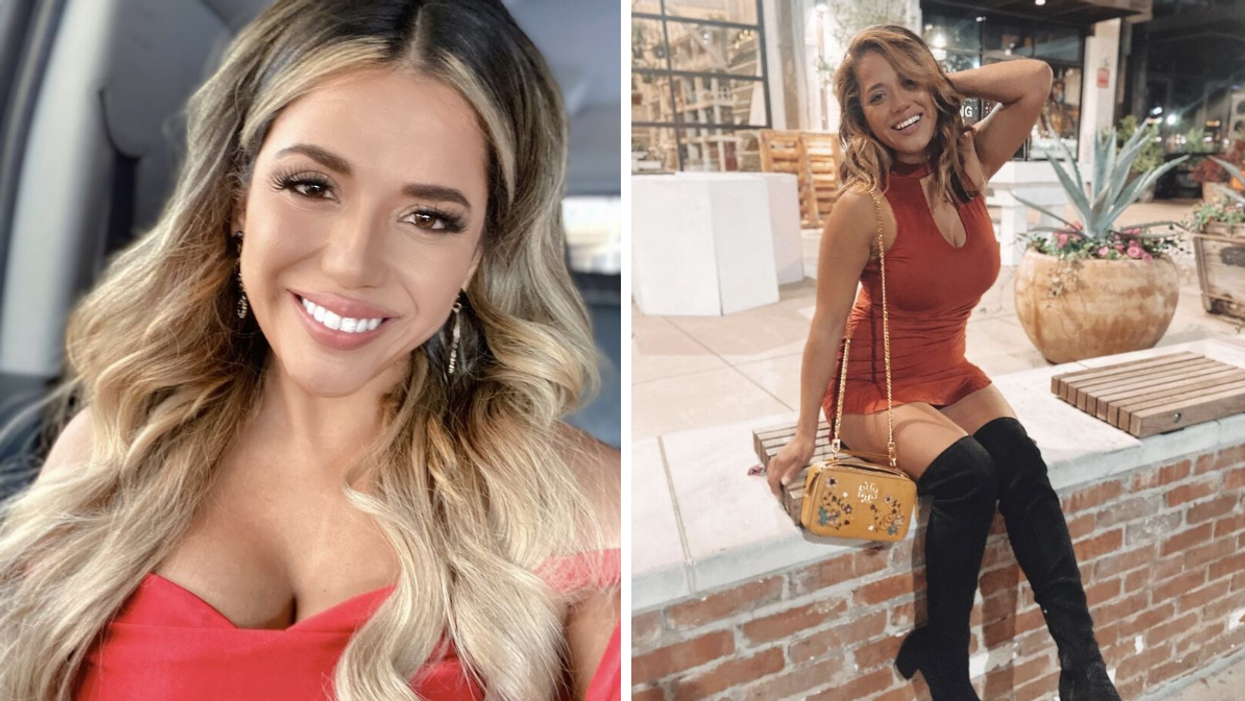 Nancy Rodriguez in a red top. Right: Rodriguez in an orange dress and black knee-high boots.