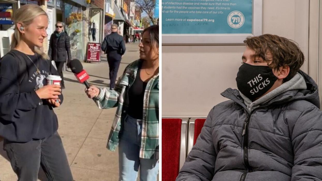 Narcity asking a Toronto resident about mask mandates. Right: A person wearing a mask on the TTC.