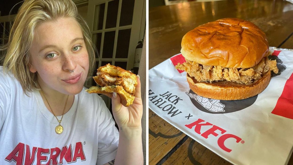 Narcity Author Maeve holding a chicken sandwich. Right: A fried chicken sandwich from KFC. 