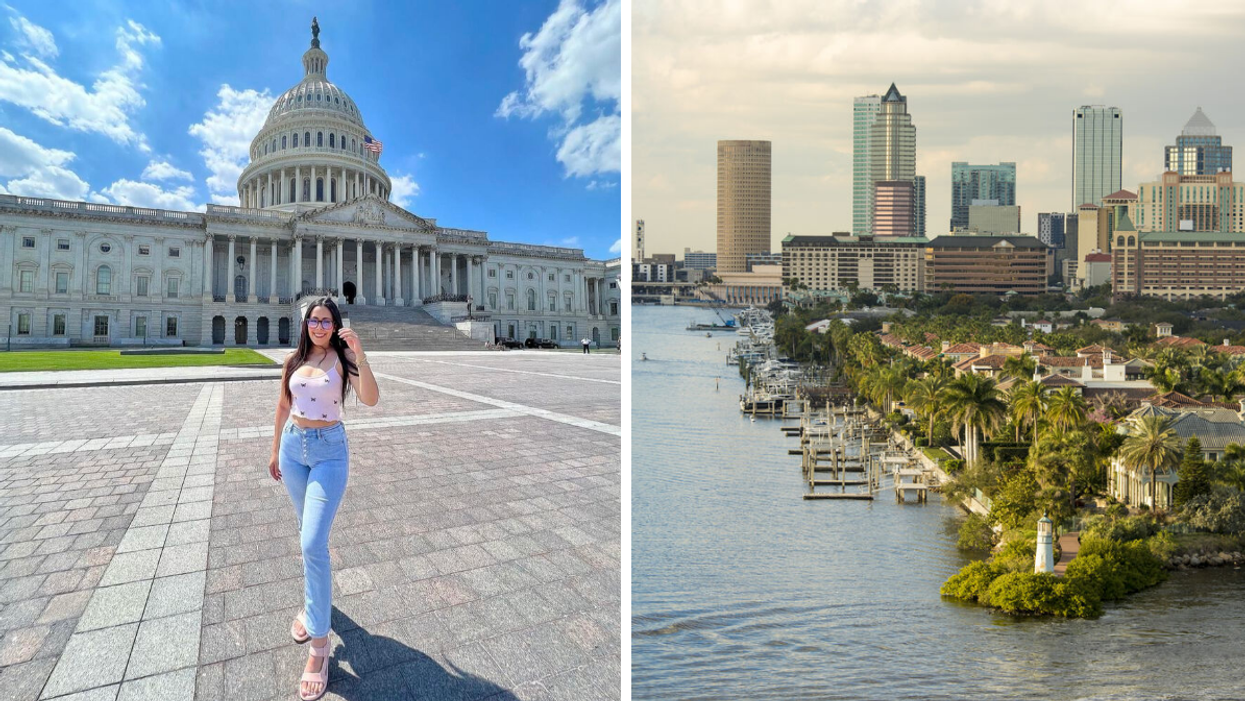 Narcity Editor Fernanda Leon in front of the Capitol Building in Washington, D.C. Right: Tampa, FL.