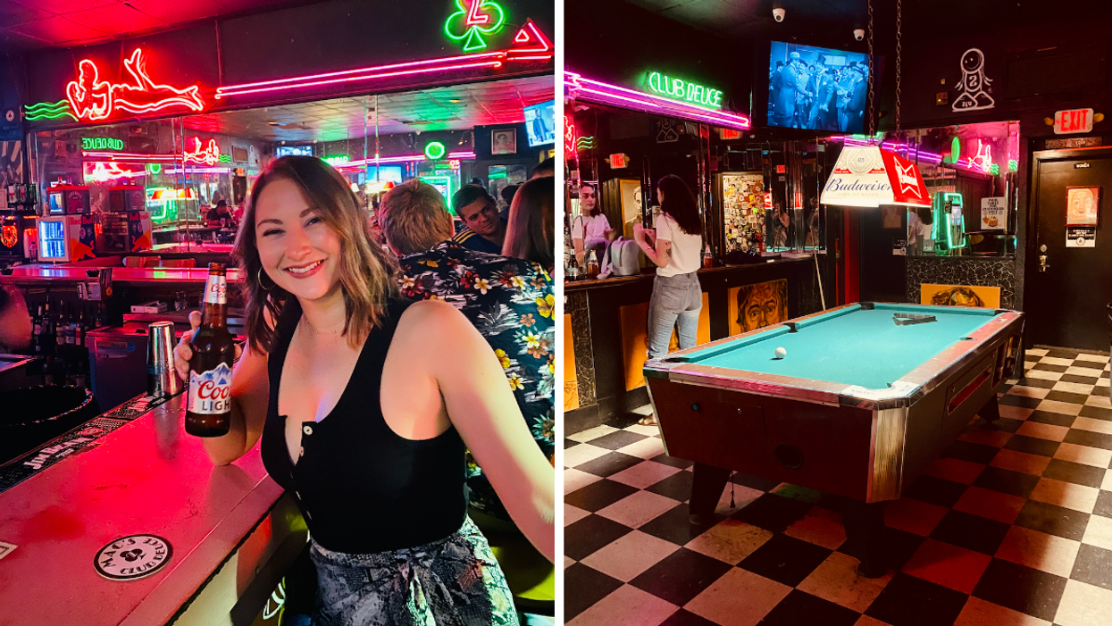 Narcity's Associate Editor, Jenna Kelley, at Mac's Club Deuce. Right: The pool table at Mac's Club Deuce.