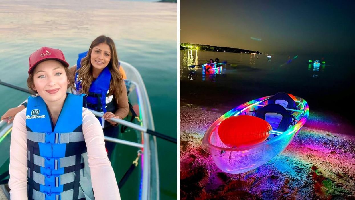 Narcity's Madeline Forsyth and Ashna Bharkhada in a kayak. Right: Glowing kayak at Toronto's Illuminated Escapes.