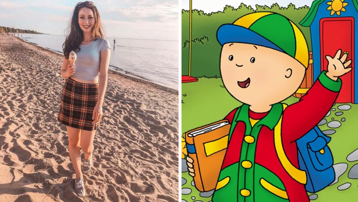 Narcity's Madeline Forsyth holding ice cream on the beach. Right: Reviled cartoon character Caillou.