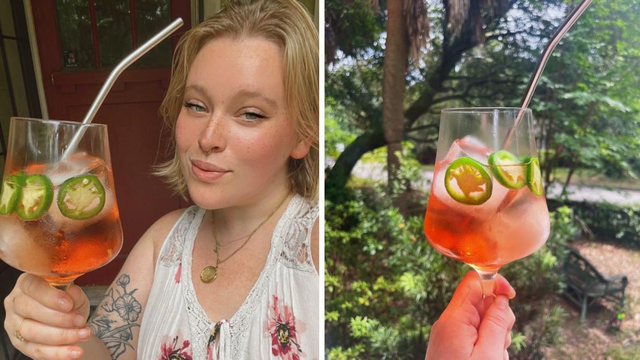 Narcity Staff Writer, Maeve Brown, holding a wine glass. Right: The jalapeño rosé and ice in a wine glass.