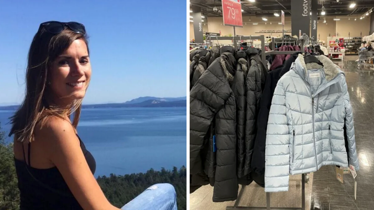 Narcity writer Asymina Kantorowicz. Right: Coats on a rack inside a store.