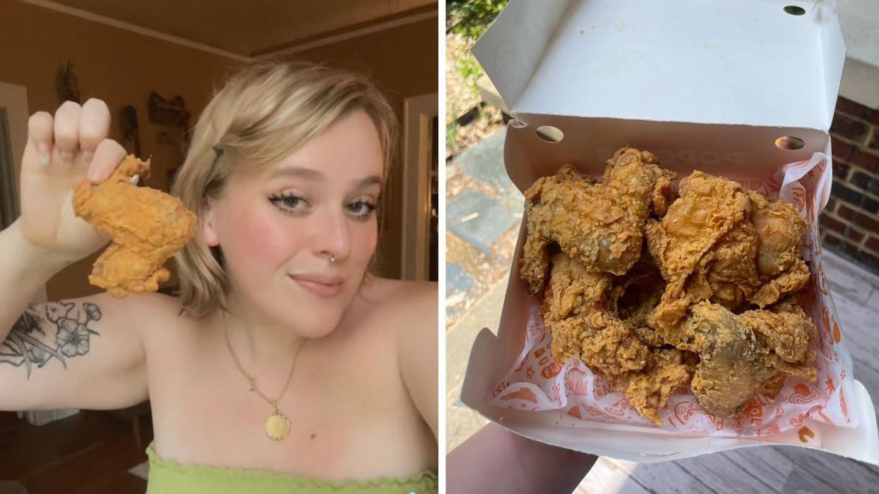 Narcity writer Maeve holding a chicken wing. Right: A combo box from Popeye's