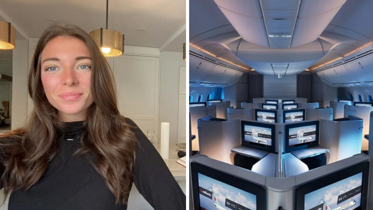 Narcity writer Morgan Leet in a black top. Right: Seats on an Air Canada plane.