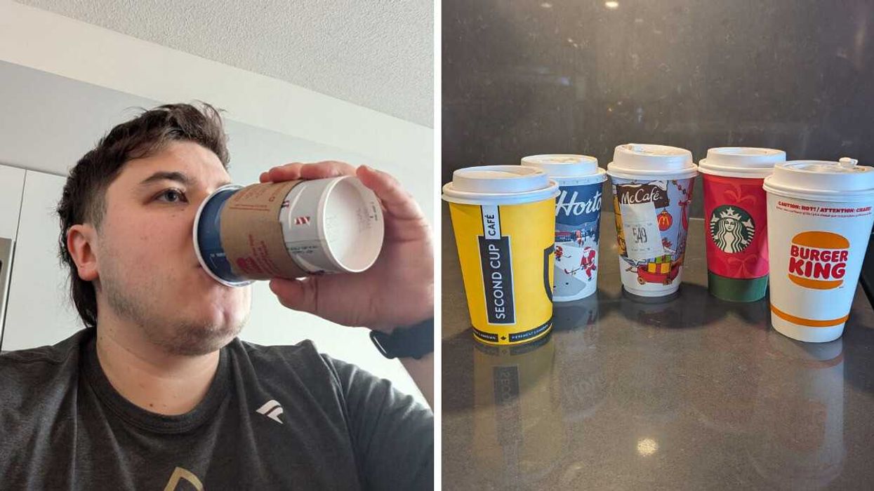 Narcity writer Tomás Keating drinking a hot chocolate. Right: Coffee cups from Second Cup Café, Tim Hortons, McCafé, Starbucks and Burger King.