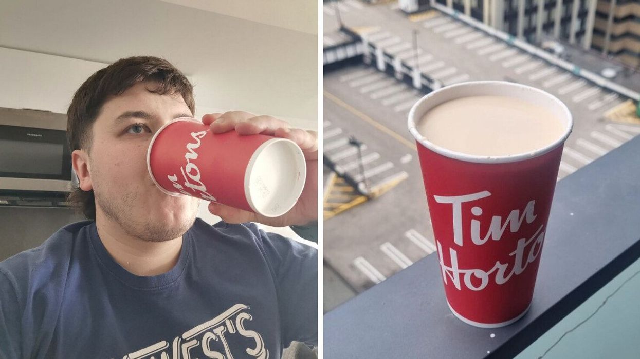Narcity writer Tomás Keating drinking a "Wayne Gretzky" from Tim Hortons. Right: A "Wayne Gretzky" from Tim Hortons.