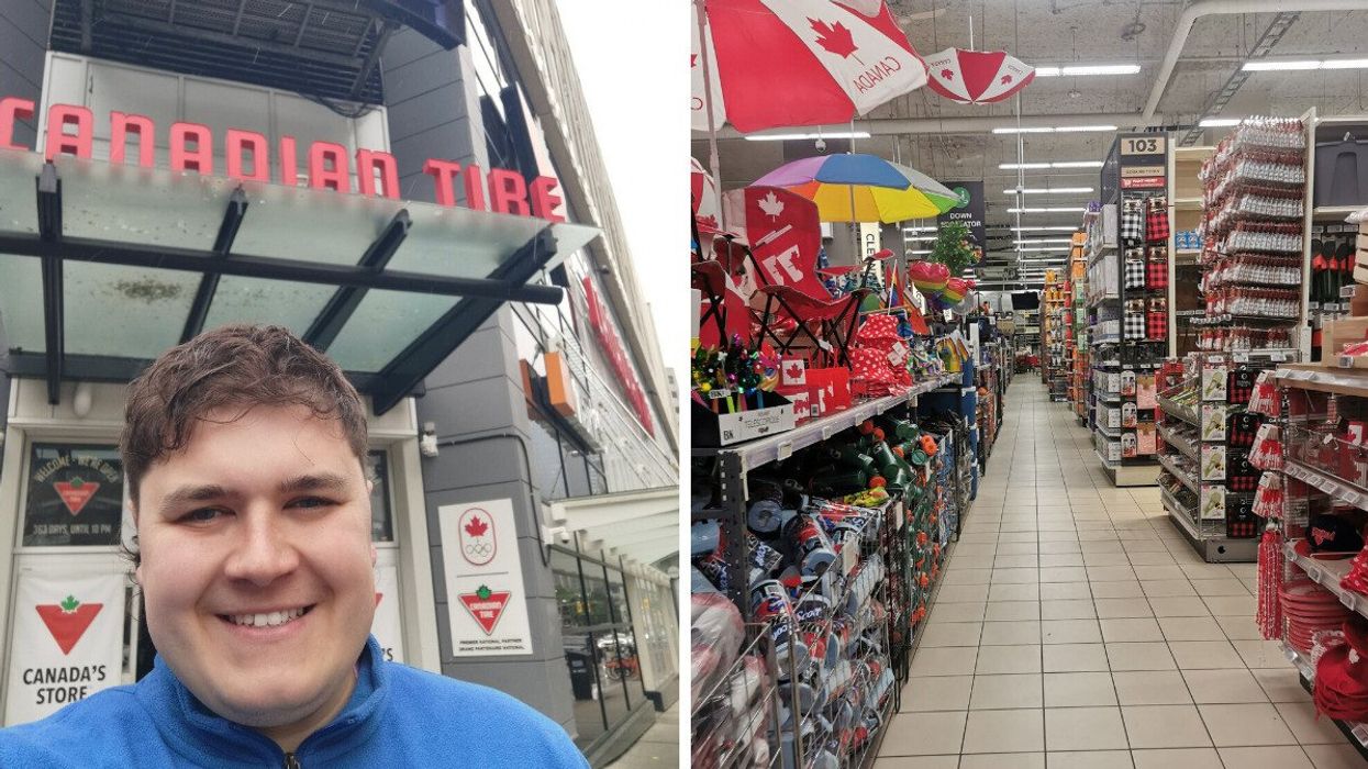 Narcity writer Tomás Keating outside of a Canadian Tire store. Right: An aisle in Canadian Tire.