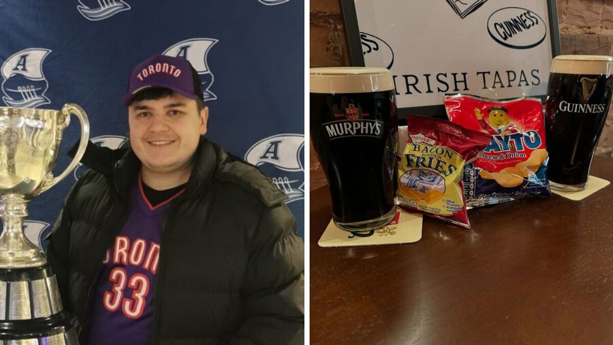 Narcity writer Tomás Keating pictured with the Grey Cup at Scotiabank Arena. Right: A pint of Murphy's, a packet of Bacon Fries, a packet of Tayto and a pint of Guinness at the West Cork Irish Pub.