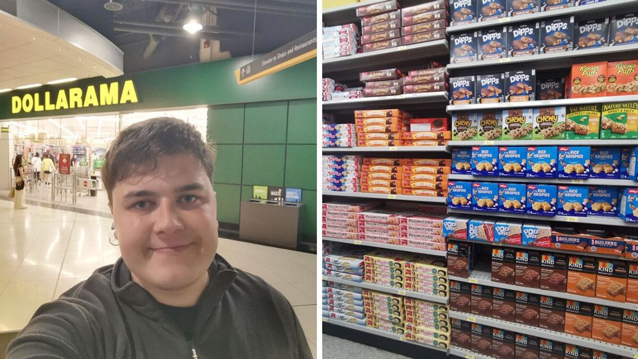 Narcity writer Tomás Keating takes a selfie outside a Dollarama. Right: Biscuits and cereal bars on the shelves at Dollarama