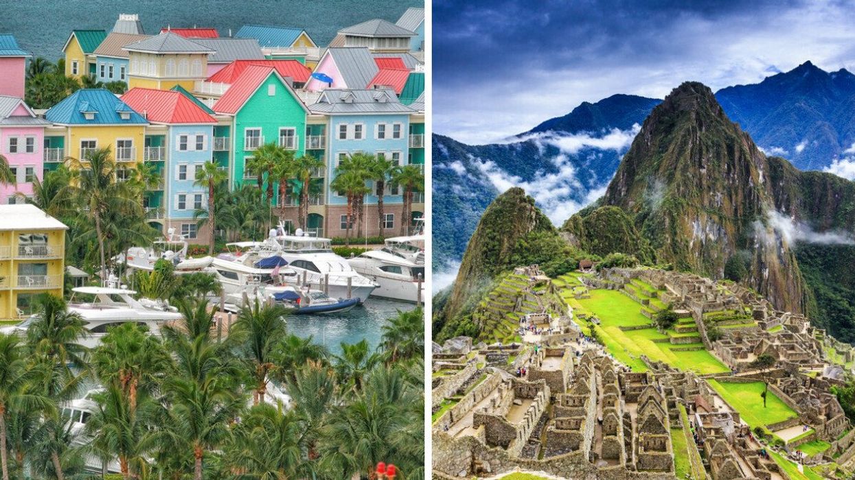Nassau, Bahamas. Right: Machu Picchu, Peru (illustrative).