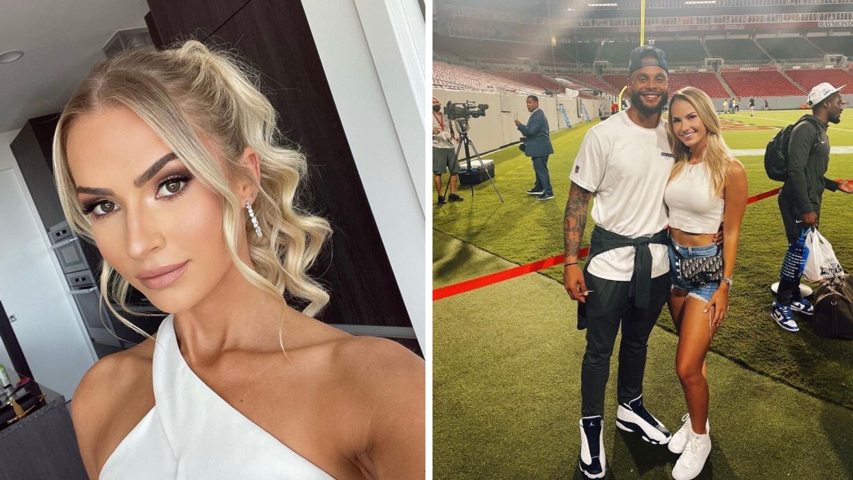 Natalie Buffett in a white top. Right: Dak Prescott in a white shirt and Buffett in a white top.