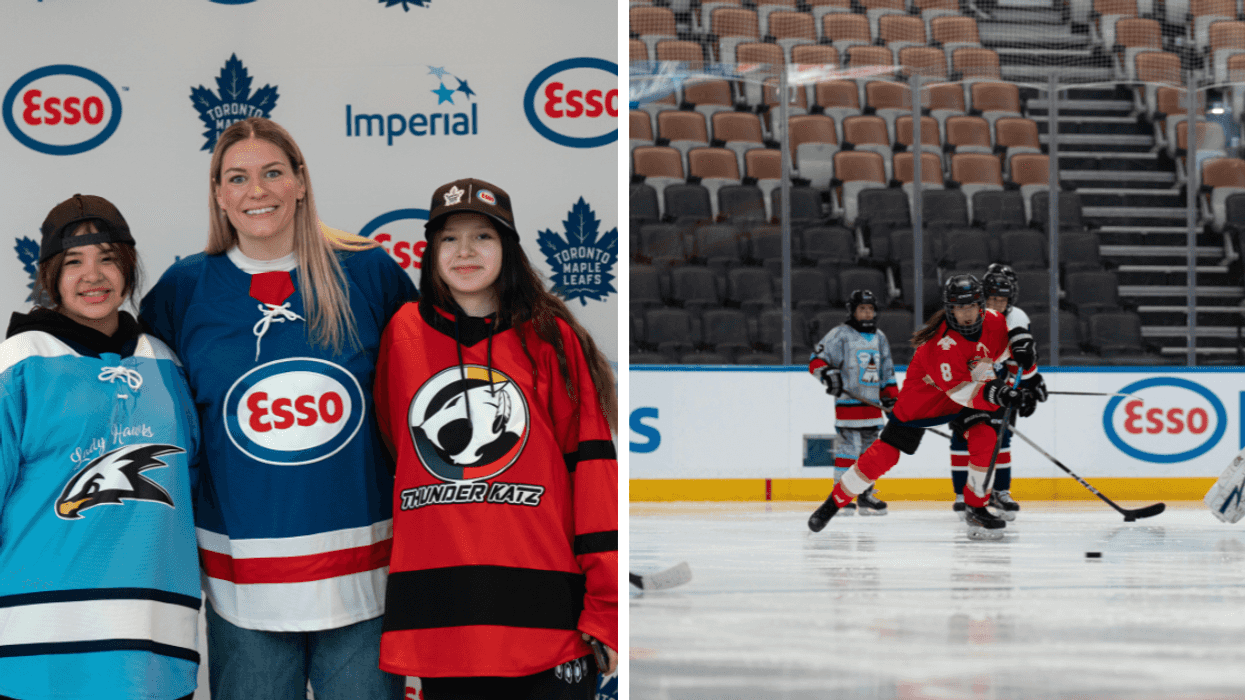 Natalie Spooner poses with Little NHL players. Right: Little NHL players on the Maple Leafs' home ice.