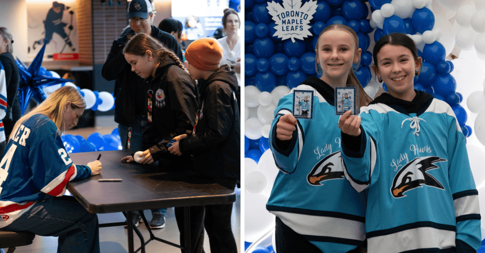 Natalie Spooner signs autographs. Right: Two Little NHL players in blue jerseys.