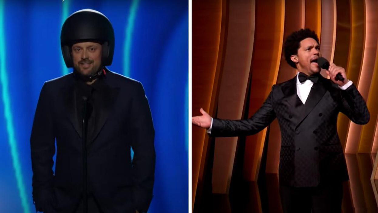 Nate Bargatze during the Grammys. Right: Trevor Noah at the Grammys