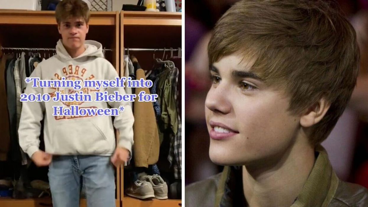 Nate Dufilho before dressing up as Justin Bieber. Right: Justin Bieber.