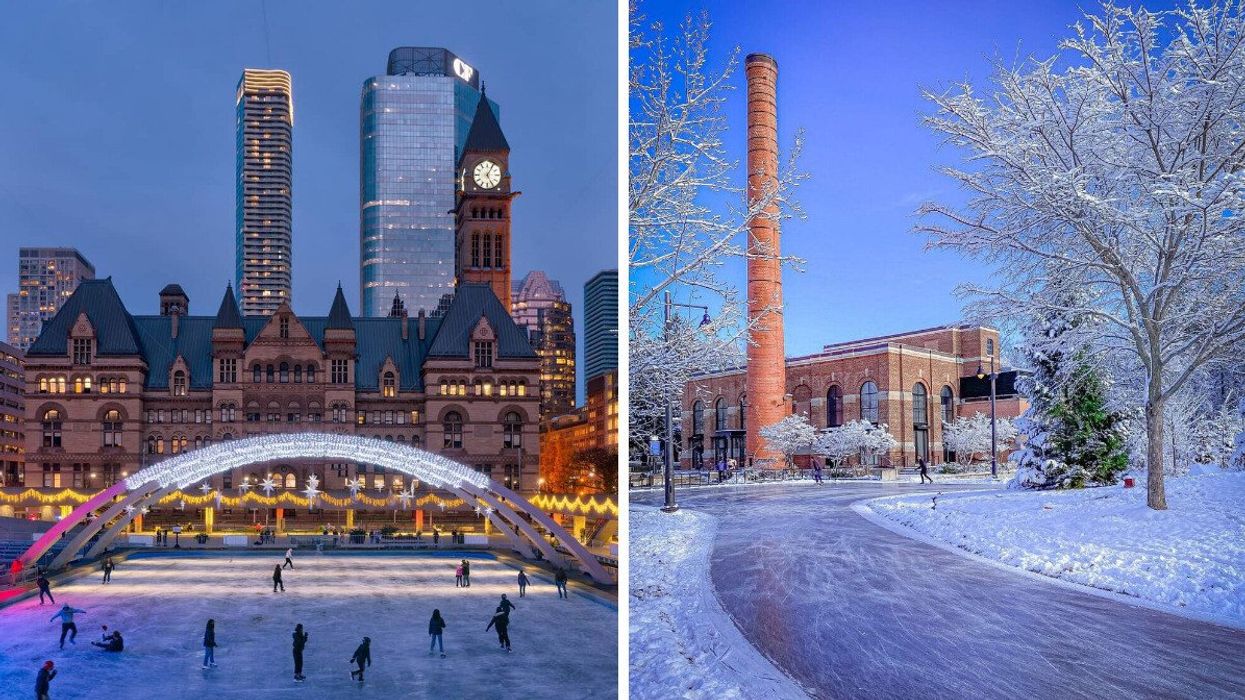Nathan Philips Square in Toronto. Right: An outdoor skating rink in Toronto.