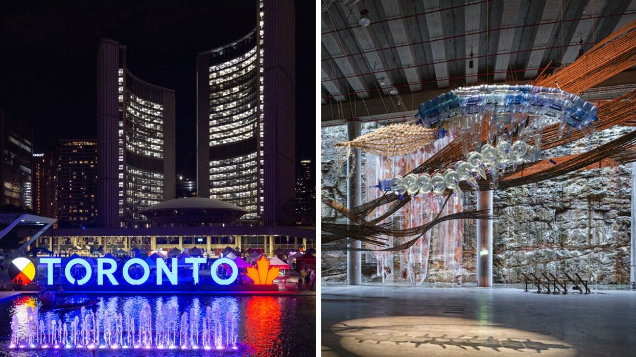 Nathan Philips Square in Toronto. Right: Flotilla by Leeroy New at Nuit Blanche 2022.