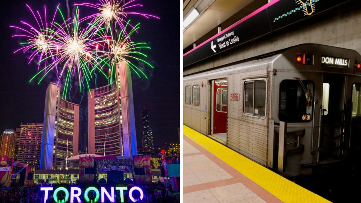 Nathan Phillips Square on New Year's Eve in Toronto. Right: TTC subway.