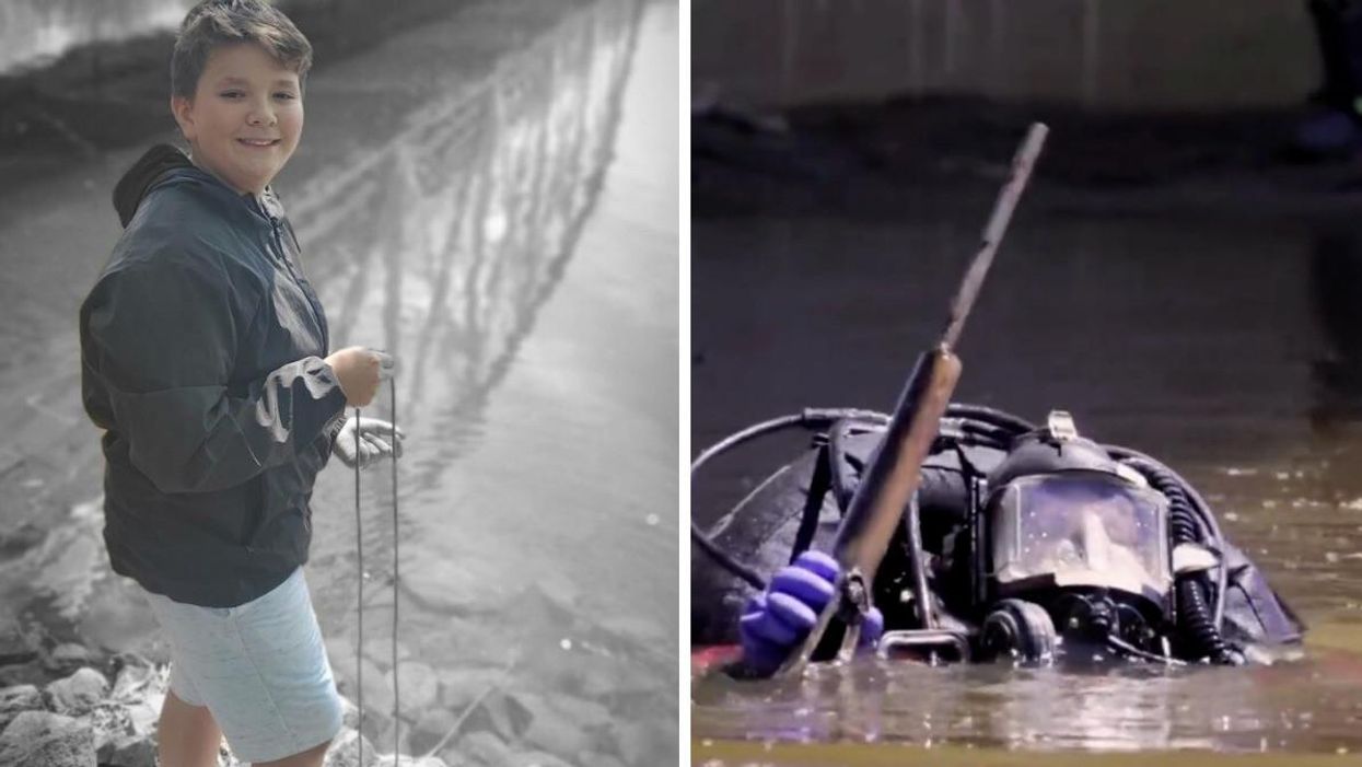 Nathan Sirois finds a gun while magnet fishing. Right: Dive unit finding the gun.