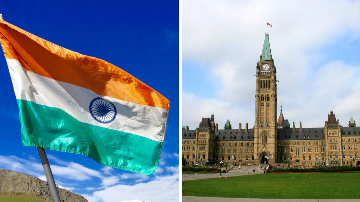 National flag of India. Right: Parliament building in Ottawa.