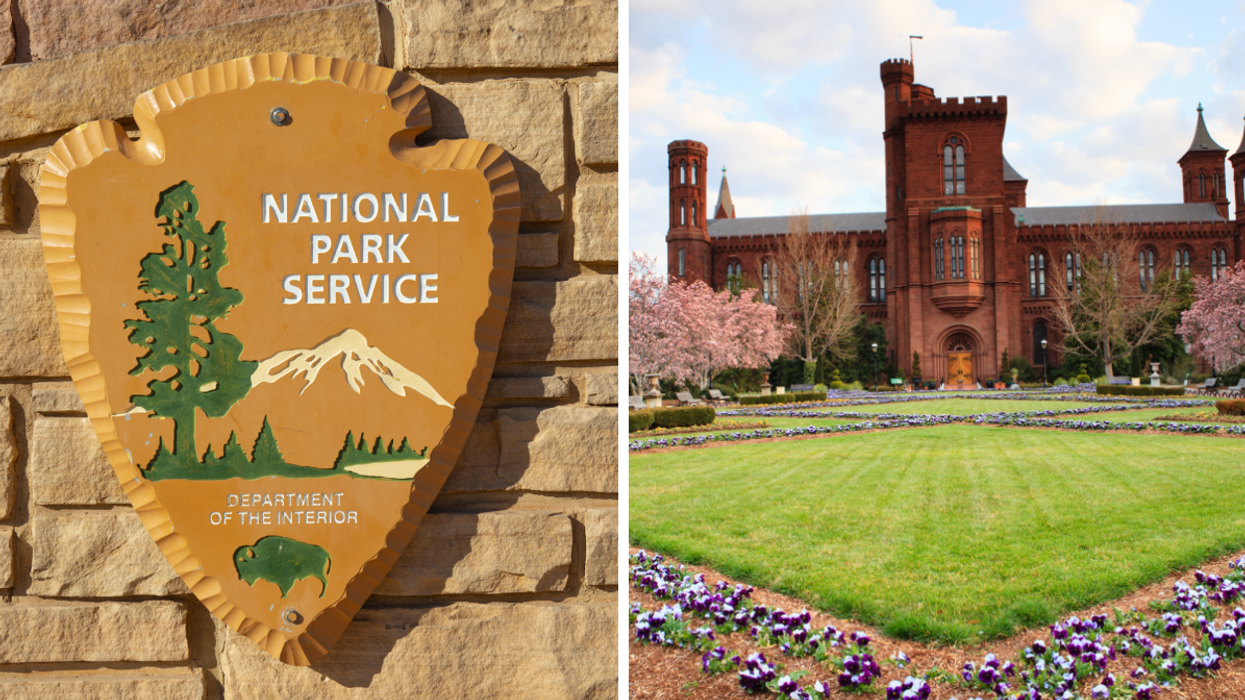 National Park Service sign. Right: The Smithsonian Castle.