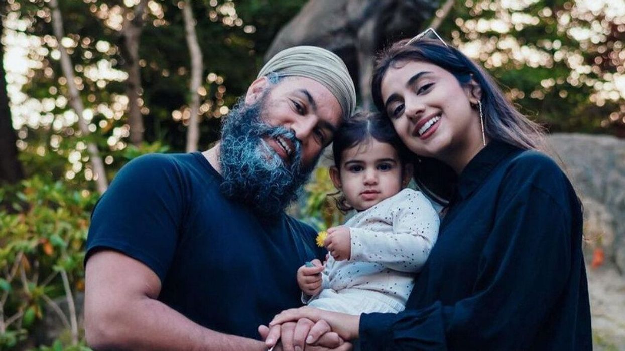 NDP Leader Jagmeet Singh and Gurkiran Kaur with their eldest daughter in St. Johns, Newfoundland.
