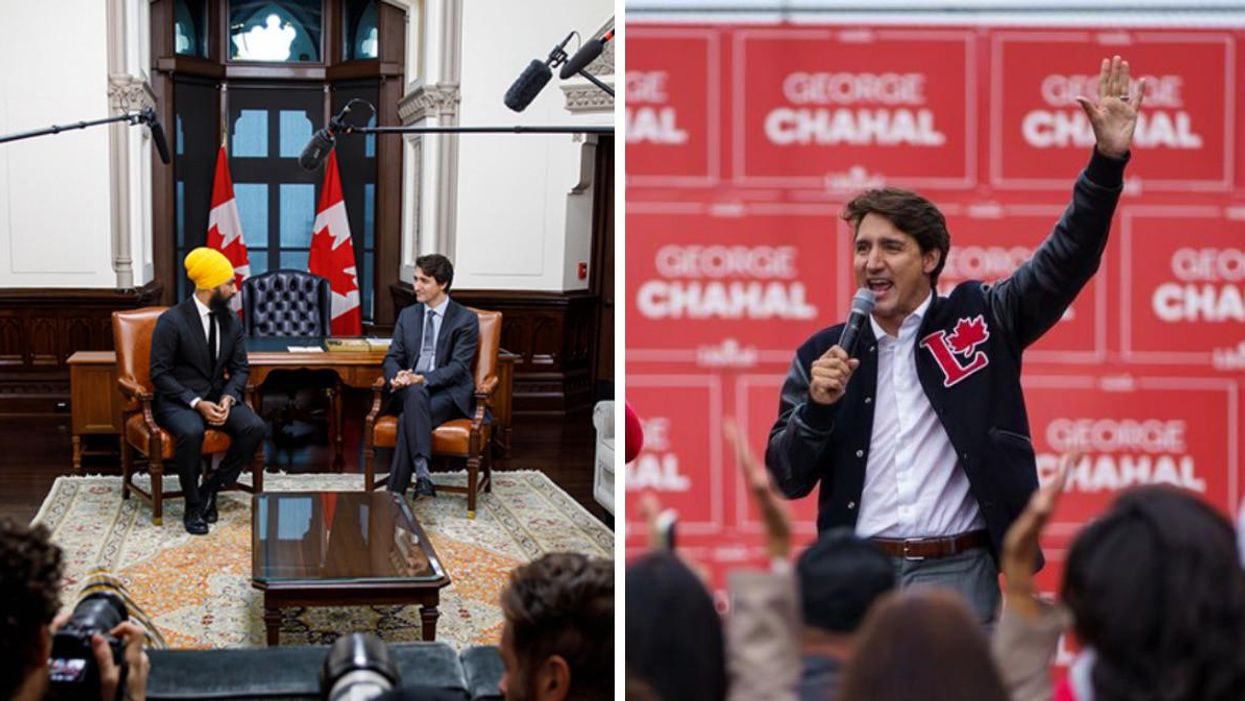 NDP Leader Jagmeet Singh and Prime Minister Justin Trudeau talking. Right: Justin Trudeau celebrating.