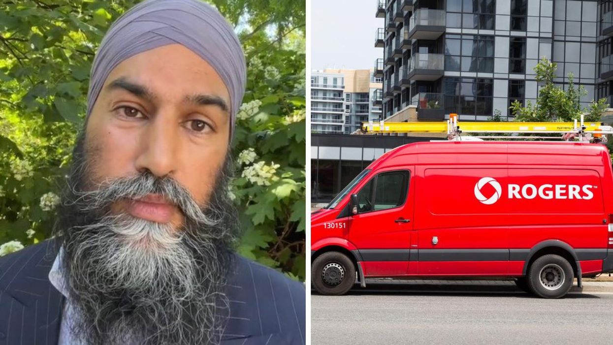 NDP leader Jagmeet Singh. Right: A red Rogers van.