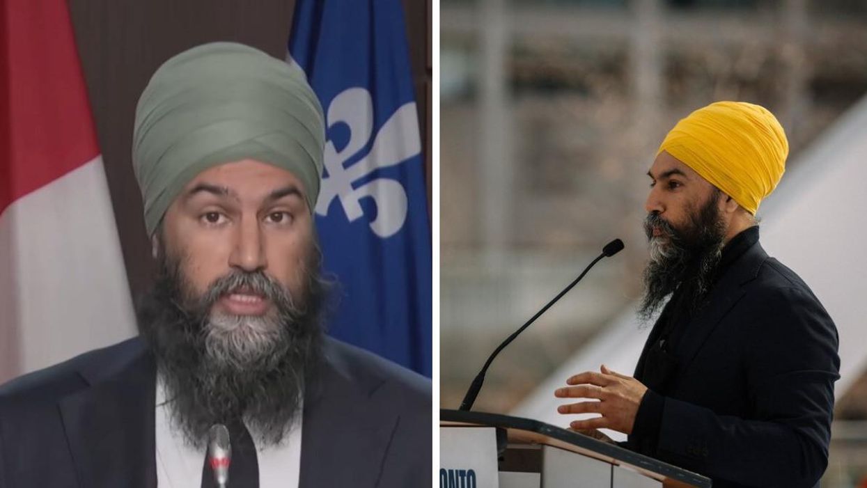 NDP Leader Jagmeet Singh. Right: Singh addressing a crowd in Toronto.