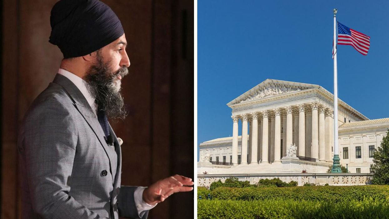 NDP Leader Jagmeet Singh. Right: U.S. Supreme Court building with an American flag flying in front of it.