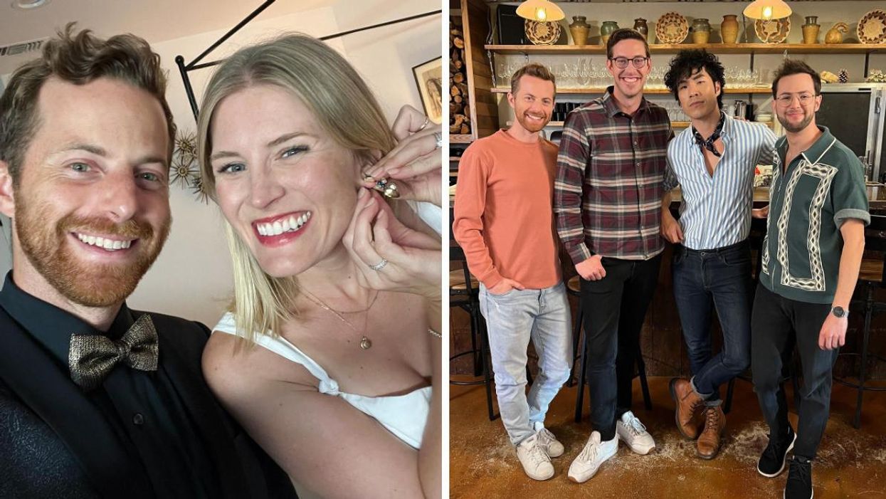 Ned Fulmer and his wife Ariel Fulmer. Right: Ned Fulmer and the rest of the Try Guys.