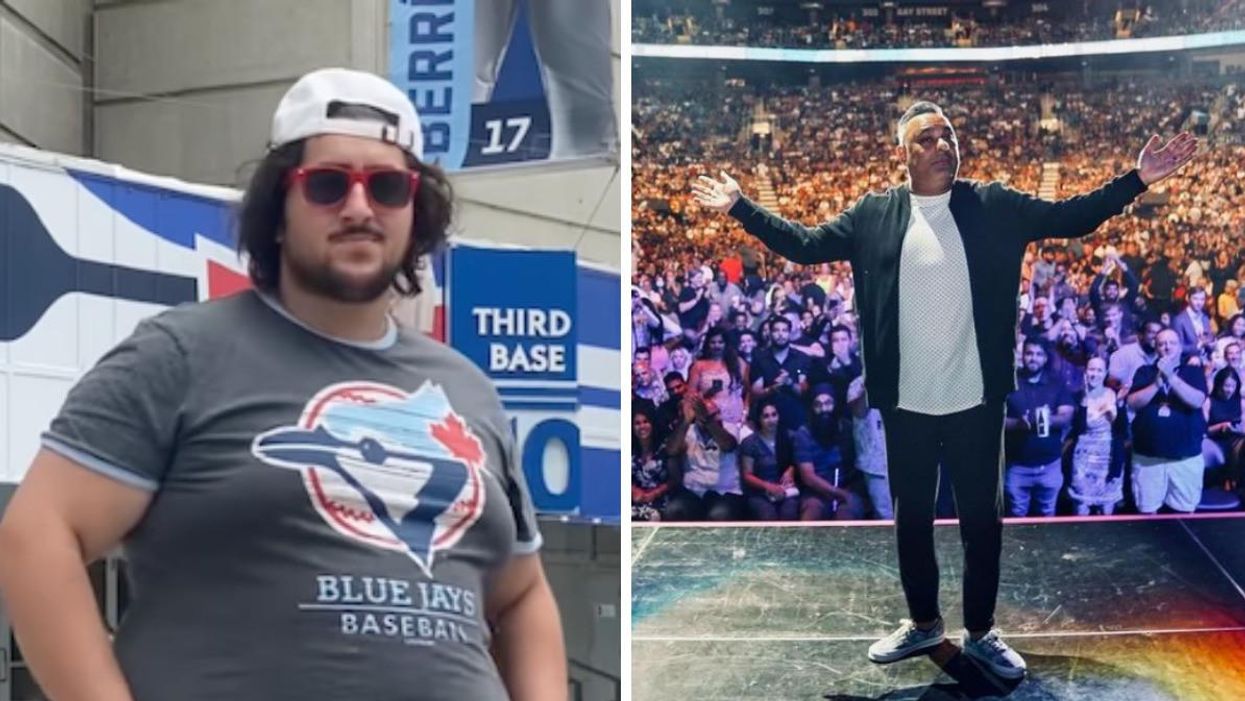 Neema Naz wearing a Blue Jays shirt. Right: Russell Peters on stage in Toronto.