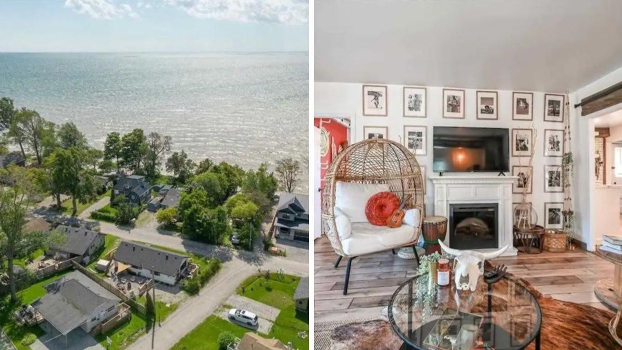 Neighbourhood by a lake. Right: Living room with a fireplace and basket chair.