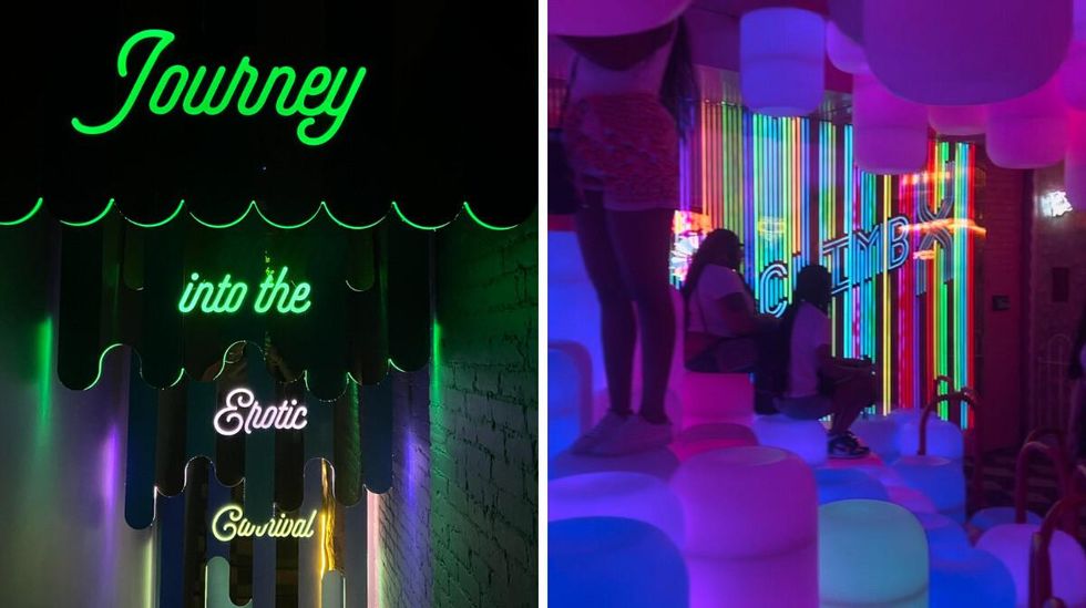 Neon signage at the Museum of Sex in NYC. Right: People sitting inside one of the Museum of Sex's rooms.